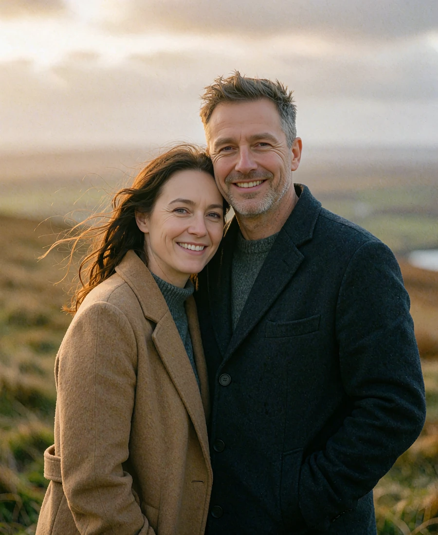 Couple in their late thirties in wool coats standing close on an open hillside, smiling naturally