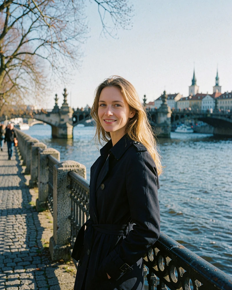 Czech woman in a navy trench coat standing at a river embankment railing with a stone bridge behind her