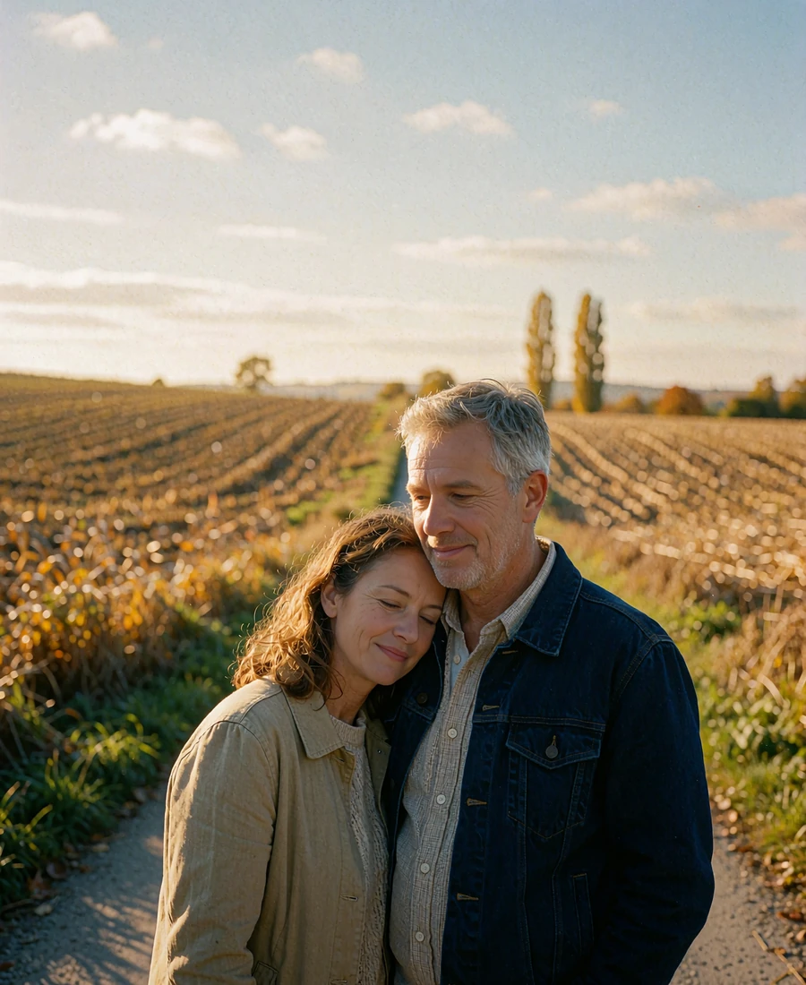 Couple in their forties standing together on a country lane between autumn fields in Moldova