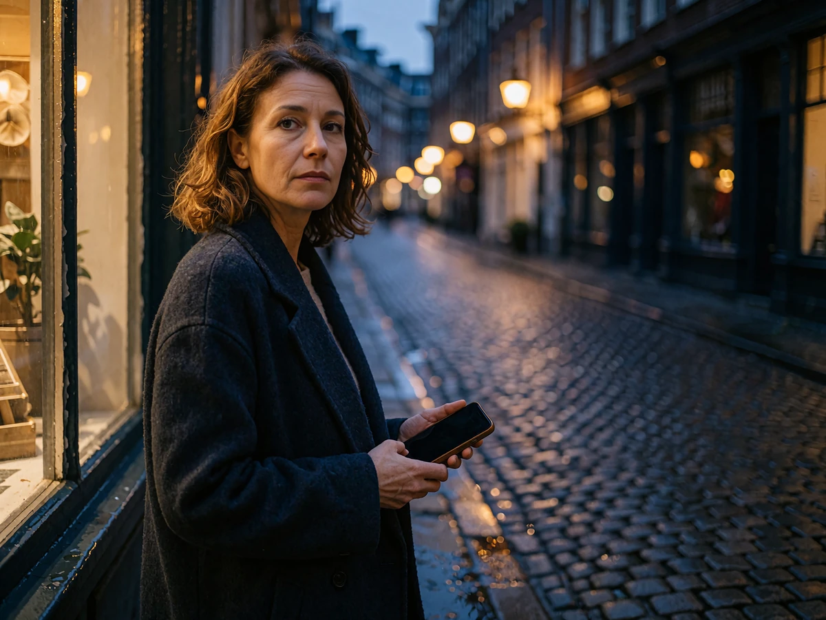 Woman in a dark wool coat standing on a cobblestone European street at dusk, holding a phone with its screen turned away