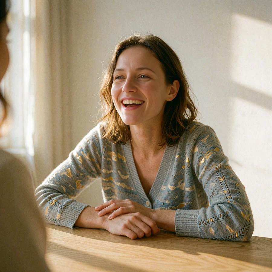 Czech woman laughing mid-conversation while leaning on a table in a bright minimalist studio apartment