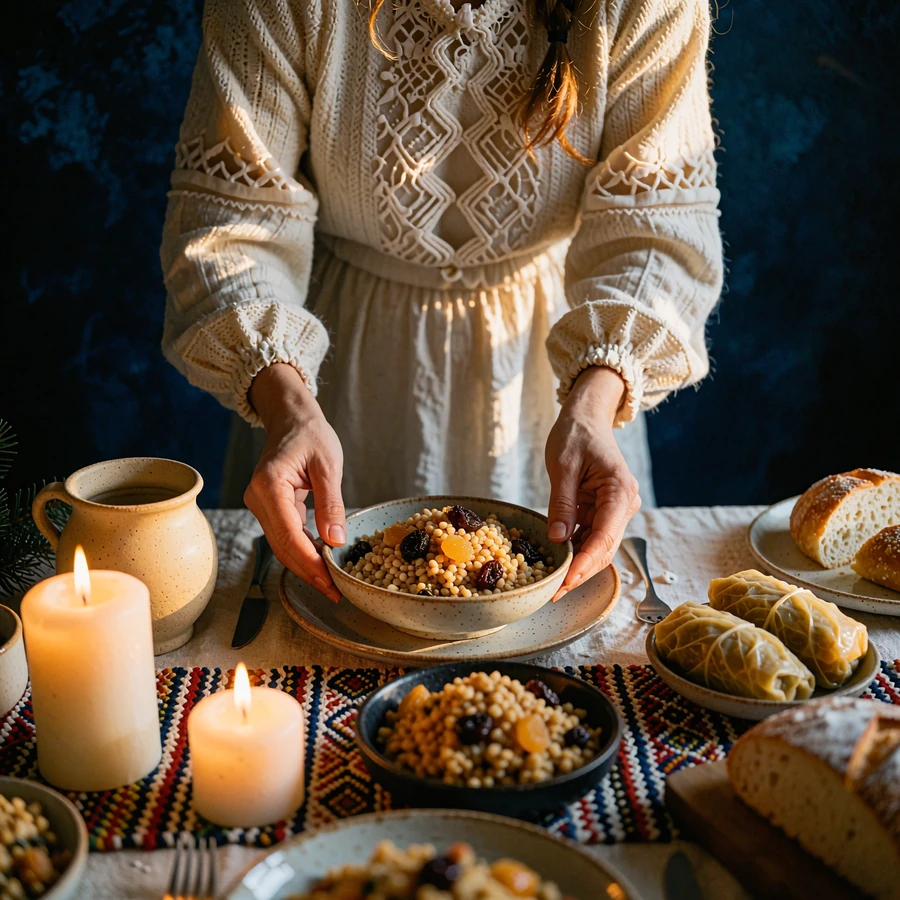 Moldovan woman arranging simple meatless dishes on a festive winter table for Christmas Eve