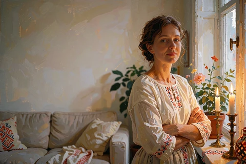 Woman in a white blouse standing calmly by a window in a quiet modern apartment