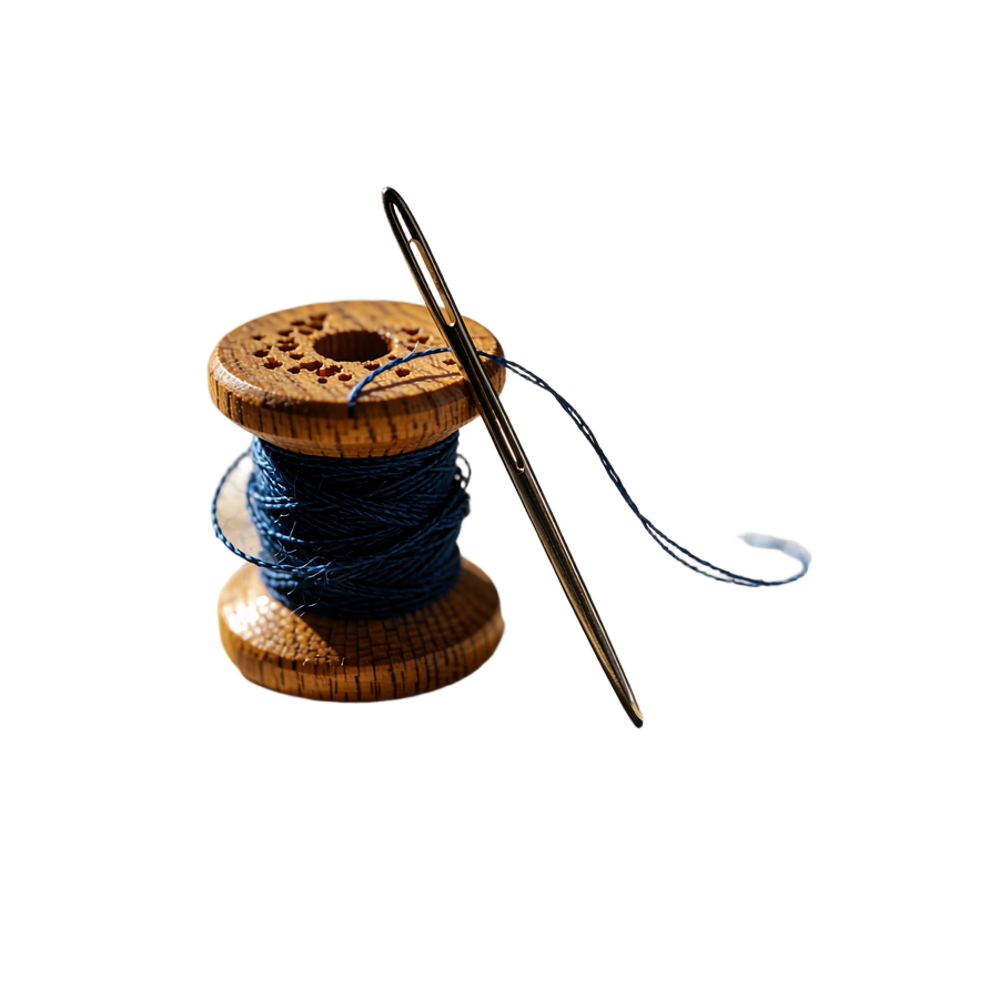 Wooden spool wound with deep blue thread beside a steel needle, symbolising the matching process