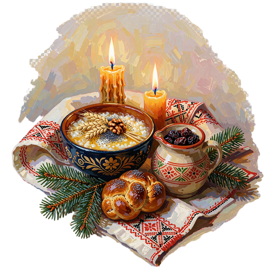Painted bowl of wheat and honey porridge with lit beeswax candles and a braided loaf on an embroidered cloth
