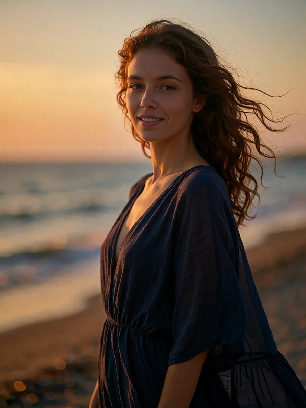 Romanian woman in a navy dress on a seaside promenade at sunset