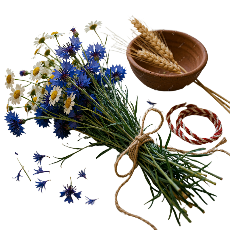 Loose bunch of blue cornflowers and white daisies bound with natural twine beside a woven red and white cord