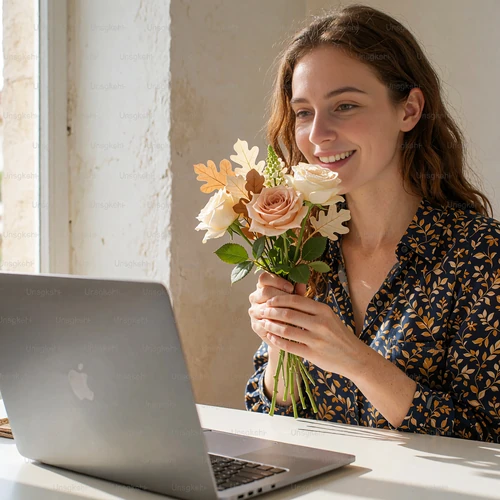 Woman seated at a bright desk holding a small bouquet of flowers while smiling at an open laptop