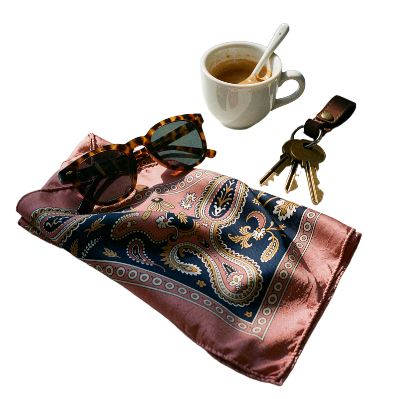 A folded silk scarf, tortoiseshell sunglasses, an espresso cup and brass keys arranged on a café table