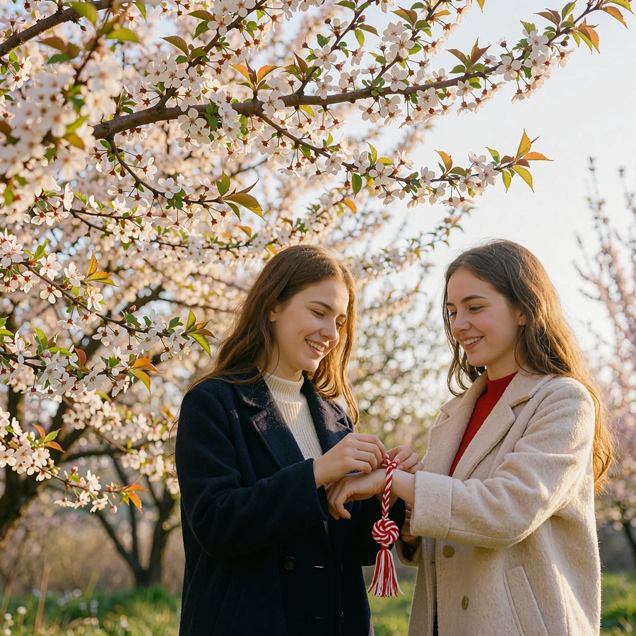 Two Bulgarian women beneath a blossoming tree tying a red-and-white martenitsa thread onto a wrist