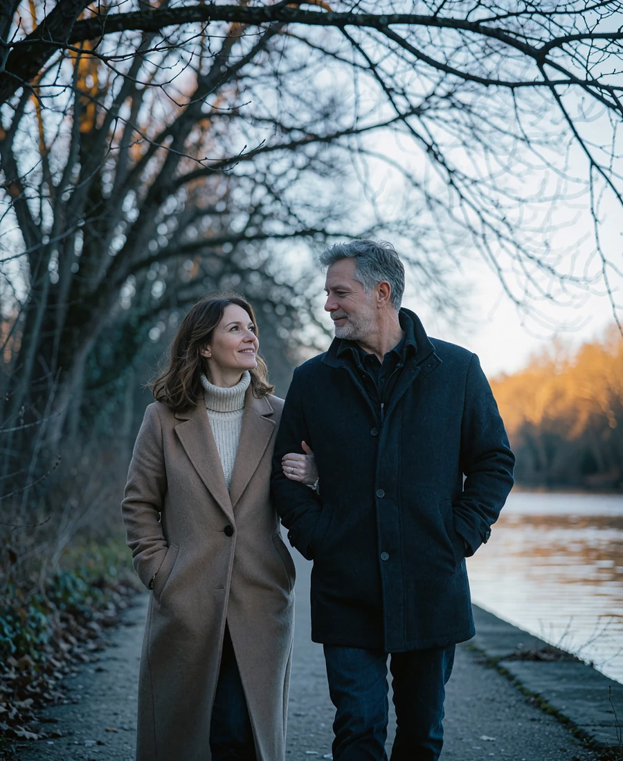 Couple in their forties walking arm in arm along a quiet tree-lined riverside promenade in early winter