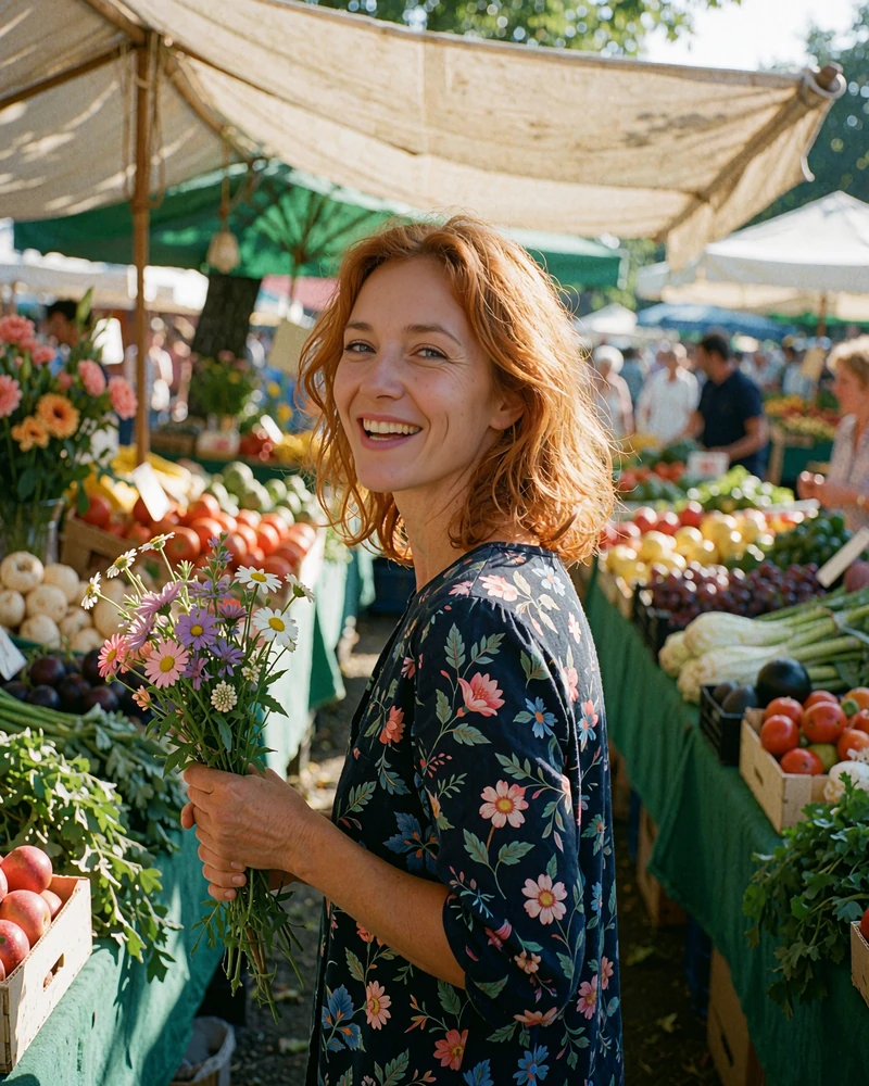 Hungarian woman with copper-toned hair holding wildflowers and laughing at an outdoor market