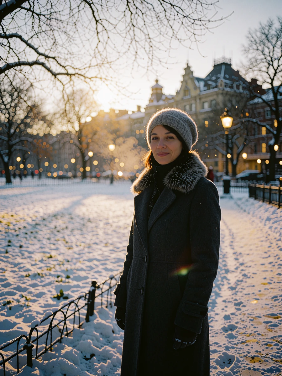 Woman in a charcoal wool coat with a fur collar standing in a snow-dusted Russian city park
