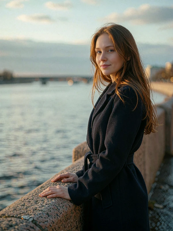 Russian woman with long auburn hair in a navy coat standing on a riverside embankment at dusk