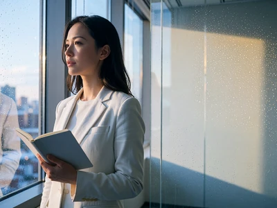 Professional woman in a tailored blazer standing beside a bright office window, looking thoughtfully outward