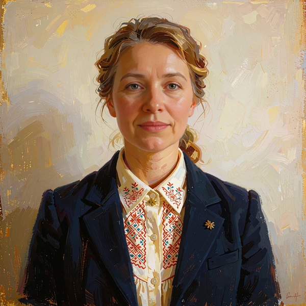 Portrait of an editor in a navy blazer with a small gold pin against a plain cream background
