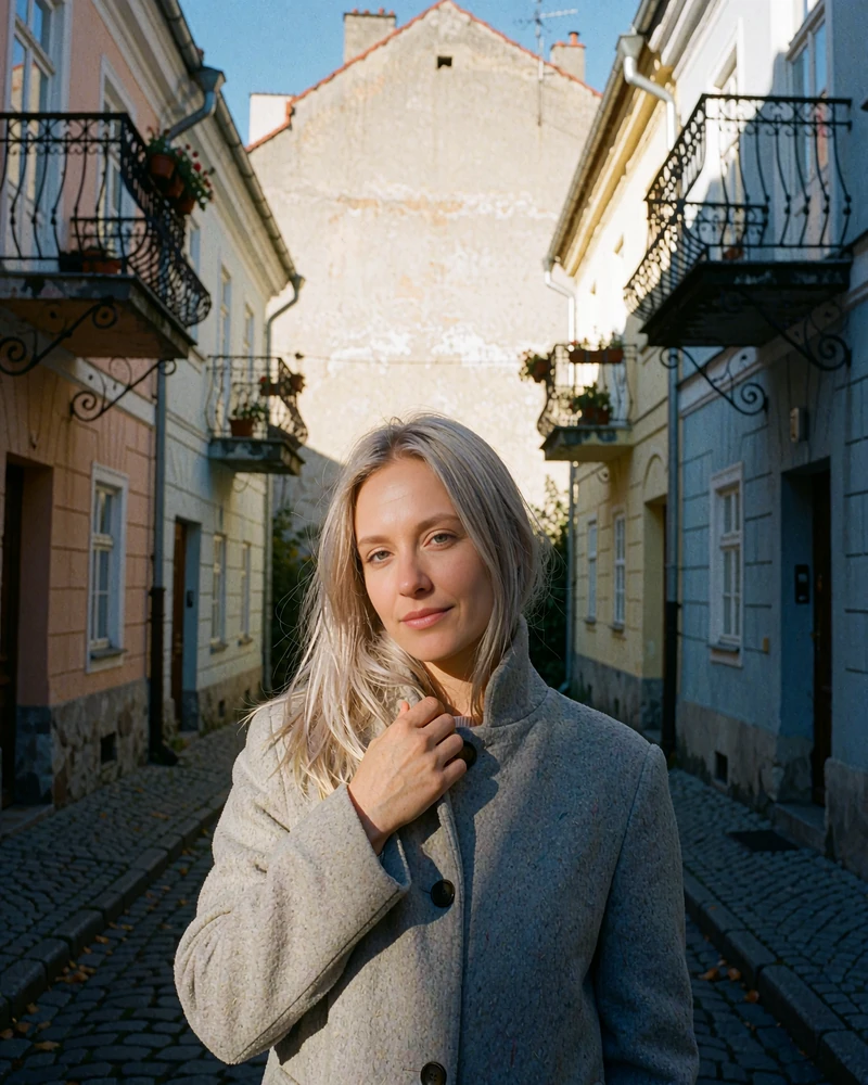 Slovak woman with ash-blonde hair standing in a narrow old-town lane of pastel townhouses, adjusting her coat collar