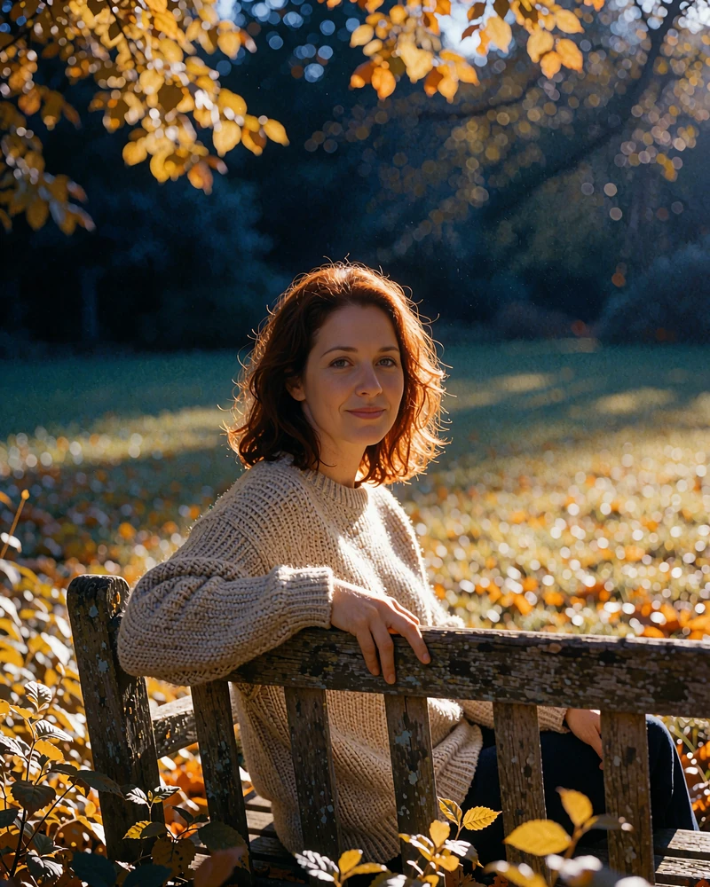 Woman in an oatmeal knit sweater sitting on a park bench surrounded by golden autumn foliage