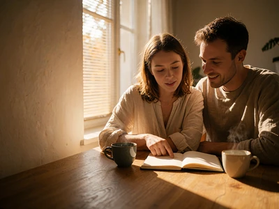 Couple reviewing plans together at a sunlit table with coffee cups