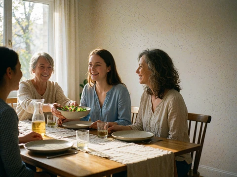 Three generations of women laughing together at a laid family dinner table
