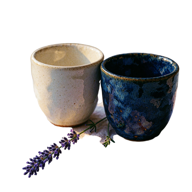 Two mismatched ceramic cups beside a linen napkin and a sprig of fresh lavender