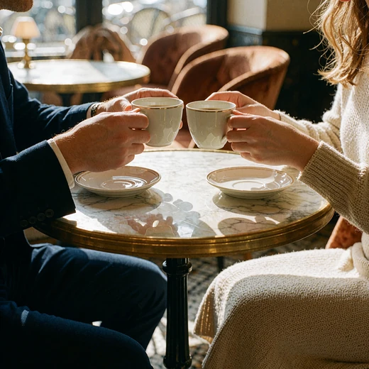 Couple sharing coffee cups at a small marble cafe table, hands raised in a toast
