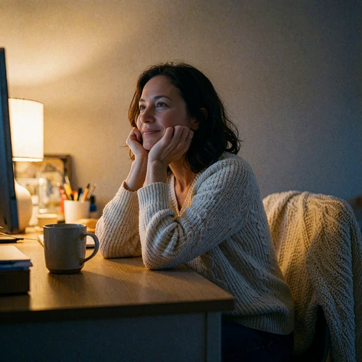 Woman at a home desk smiling hopefully during a warm-lit evening video conversation