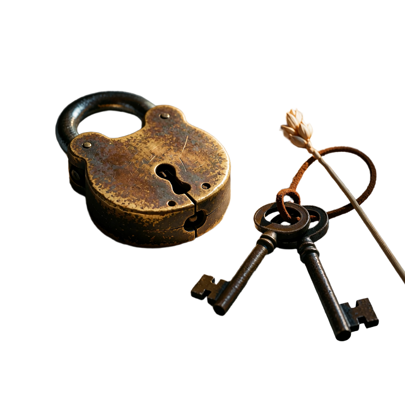 A closed antique brass padlock and two iron keys on linen, symbolizing account and identity protection