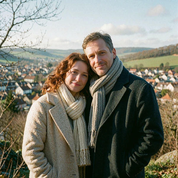 Couple in winter coats standing shoulder to shoulder on a hilltop above a valley town