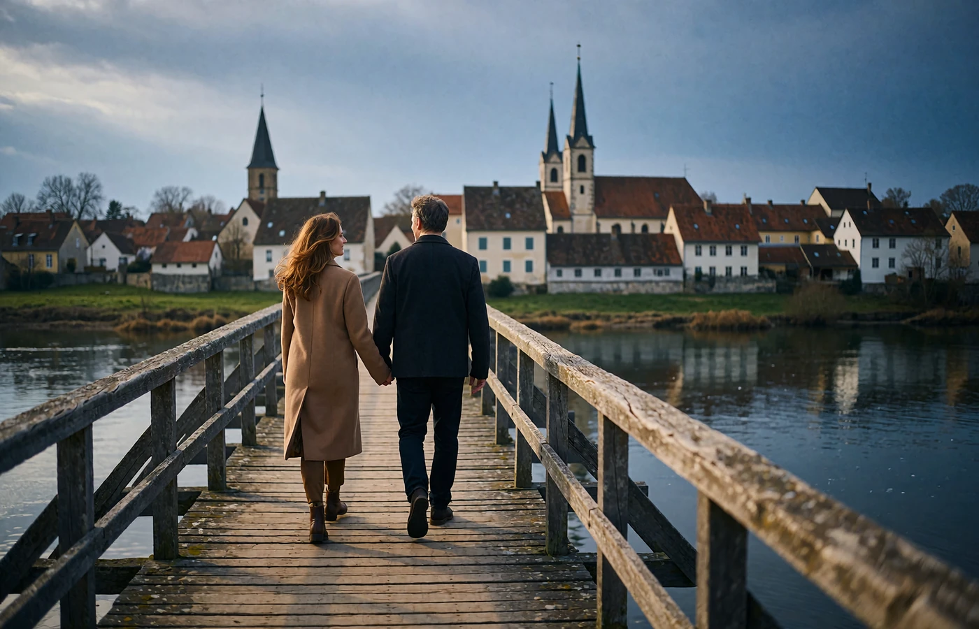 Couple holding hands walking across a wooden pedestrian bridge toward a riverside European old town