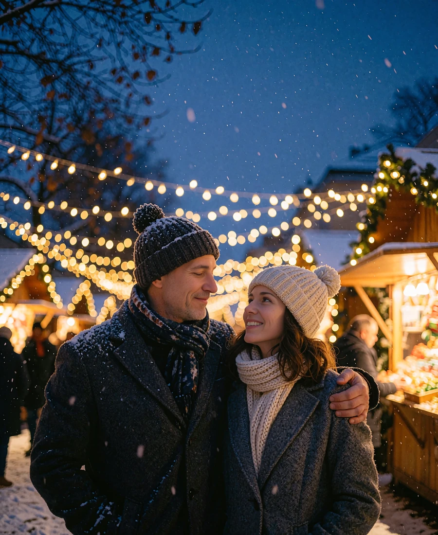Couple in their forties standing close together at a winter town square market at blue hour