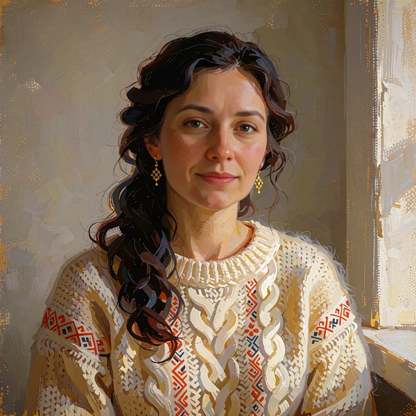 Portrait of an editor in a cream cable-knit sweater against a plain warm grey wall