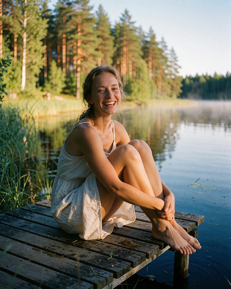 Belarusian woman laughing on a wooden jetty by a forest lake in summer light