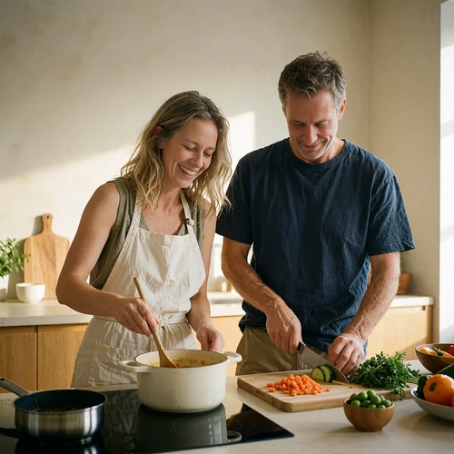 Couple in their late thirties cooking together at a bright kitchen island, laughing