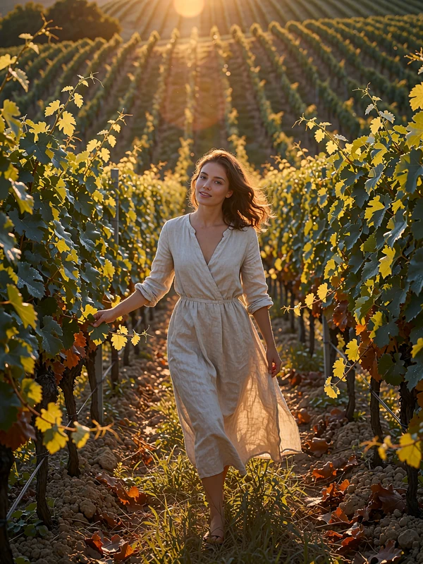 Romanian woman in a linen dress walking between rows of a hillside vineyard