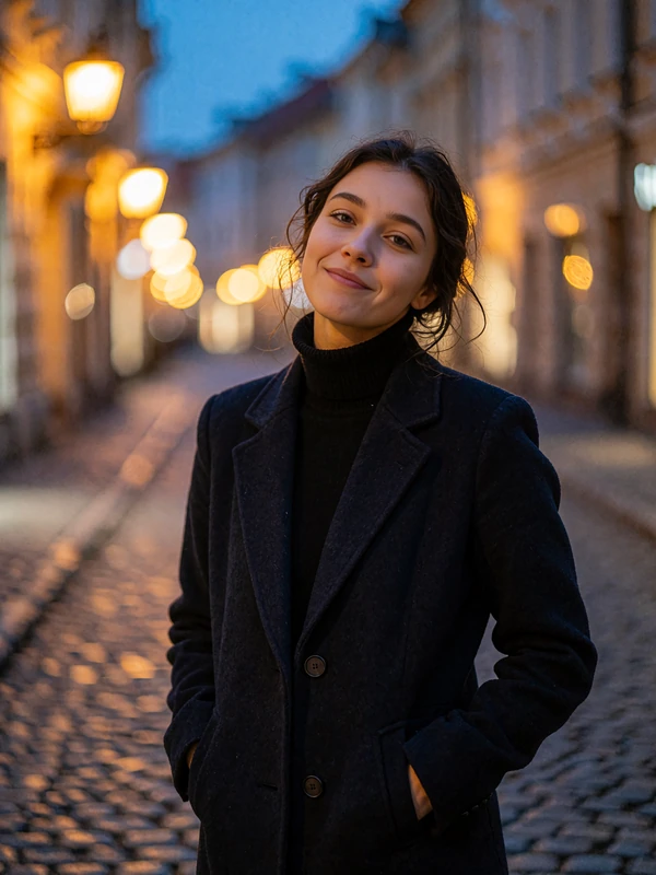 Ukrainian woman in a black turtleneck standing on a quiet cobbled street at blue hour
