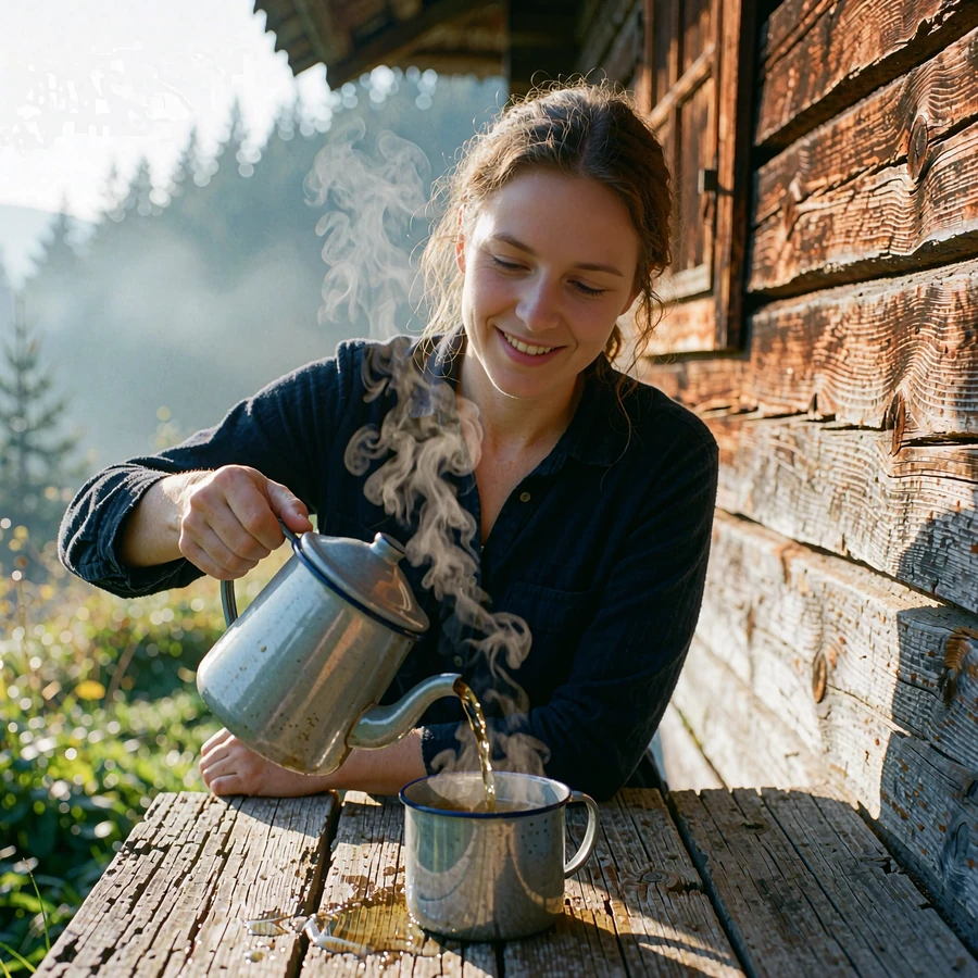 Slovak woman pouring tea from an enamel pot on the wooden porch of a mountain cottage