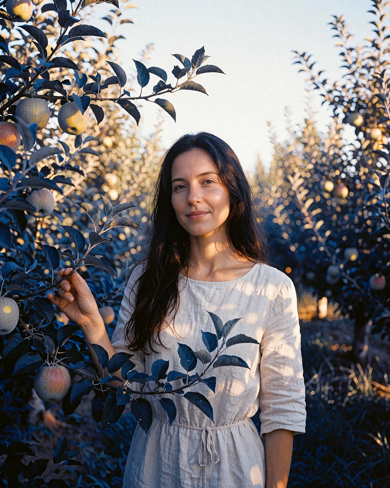 Moldovan woman in her late twenties standing in a sunlit apple orchard, a verified member photo
