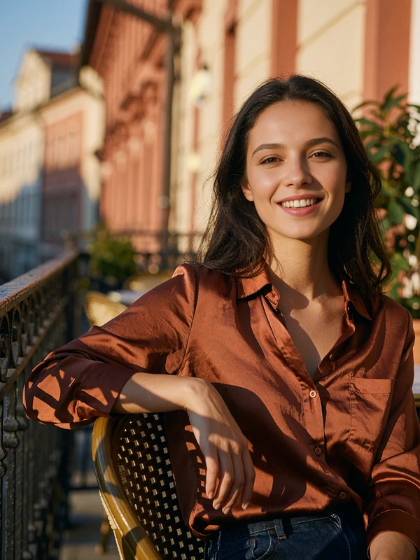 Romanian woman in a rust silk blouse seated on a sunlit city terrace in Bucharest