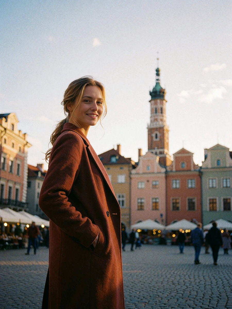Woman in a rust-colored coat standing in a historic Polish old-town market square at dusk