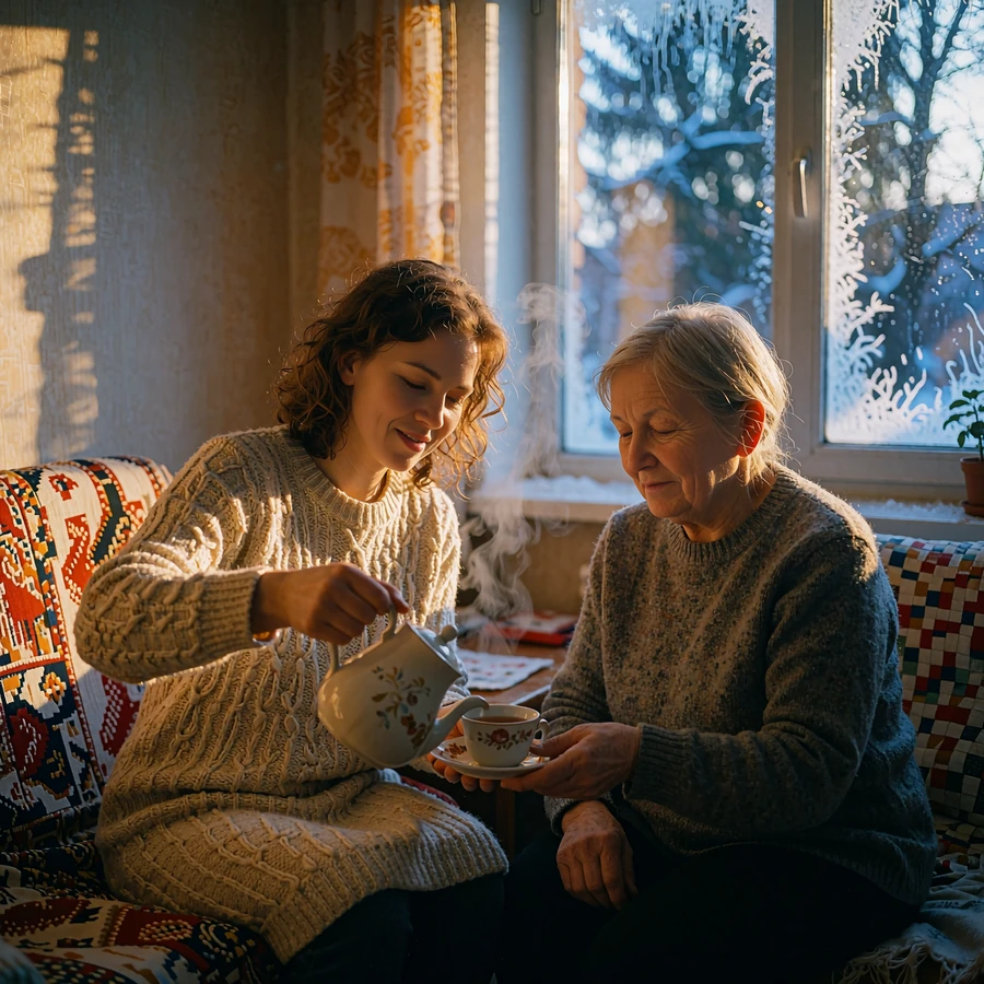 Belarusian woman pouring tea for an older relative in a warm living room on a winter afternoon