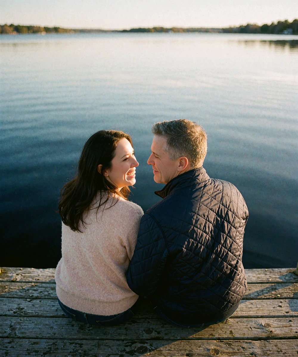 Couple sitting close together at the end of a wooden lakeside dock during a warm evening
