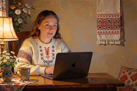 Woman smiling warmly during a video call at a wooden desk in soft lamplight