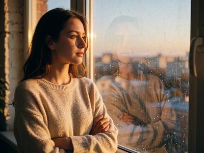 Woman standing thoughtfully by a bright apartment window