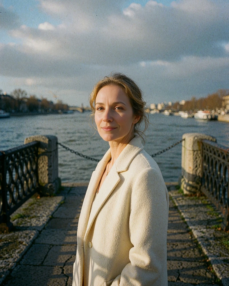 Woman in a cream wool coat standing on a stone riverside promenade, a verified member profile photo