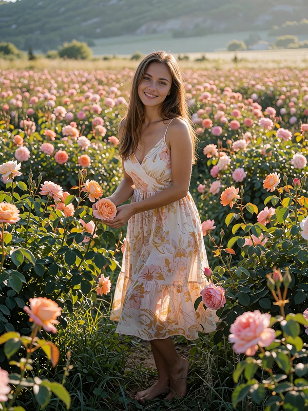 Bulgarian woman in a light floral dress standing among blooming rose bushes in an open valley field