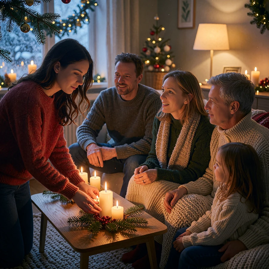 Russian family of four gathered in a warm living room on a winter evening, a young woman lighting candles at a low table