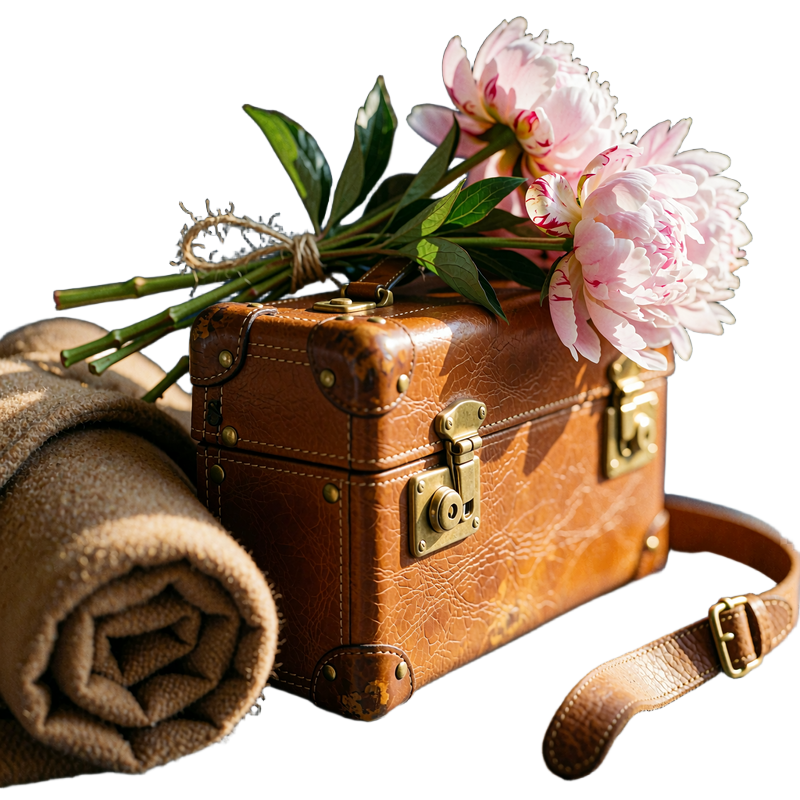 Vintage tan leather travel case with a rolled wool coat and a loose bunch of pink peonies, packed for an international visit