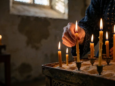 Hands placing a lit beeswax candle into a stand among other burning candles inside a dim church