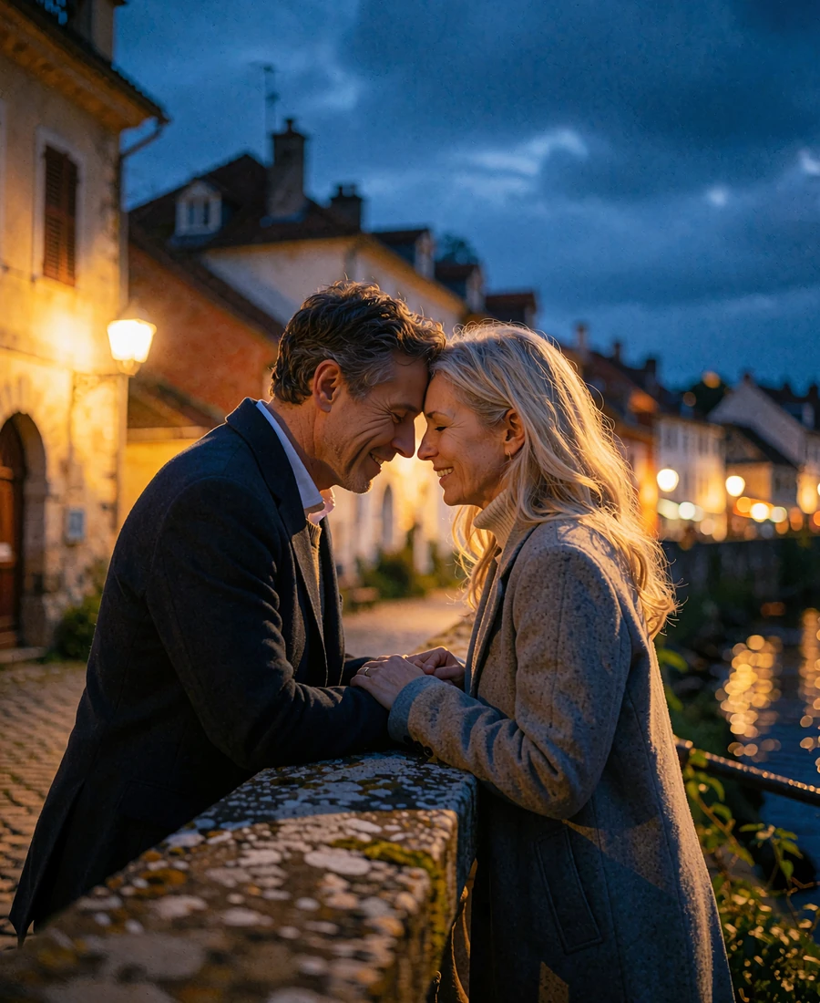 Couple in their forties leaning together against a riverside balustrade at dusk with city lights behind them